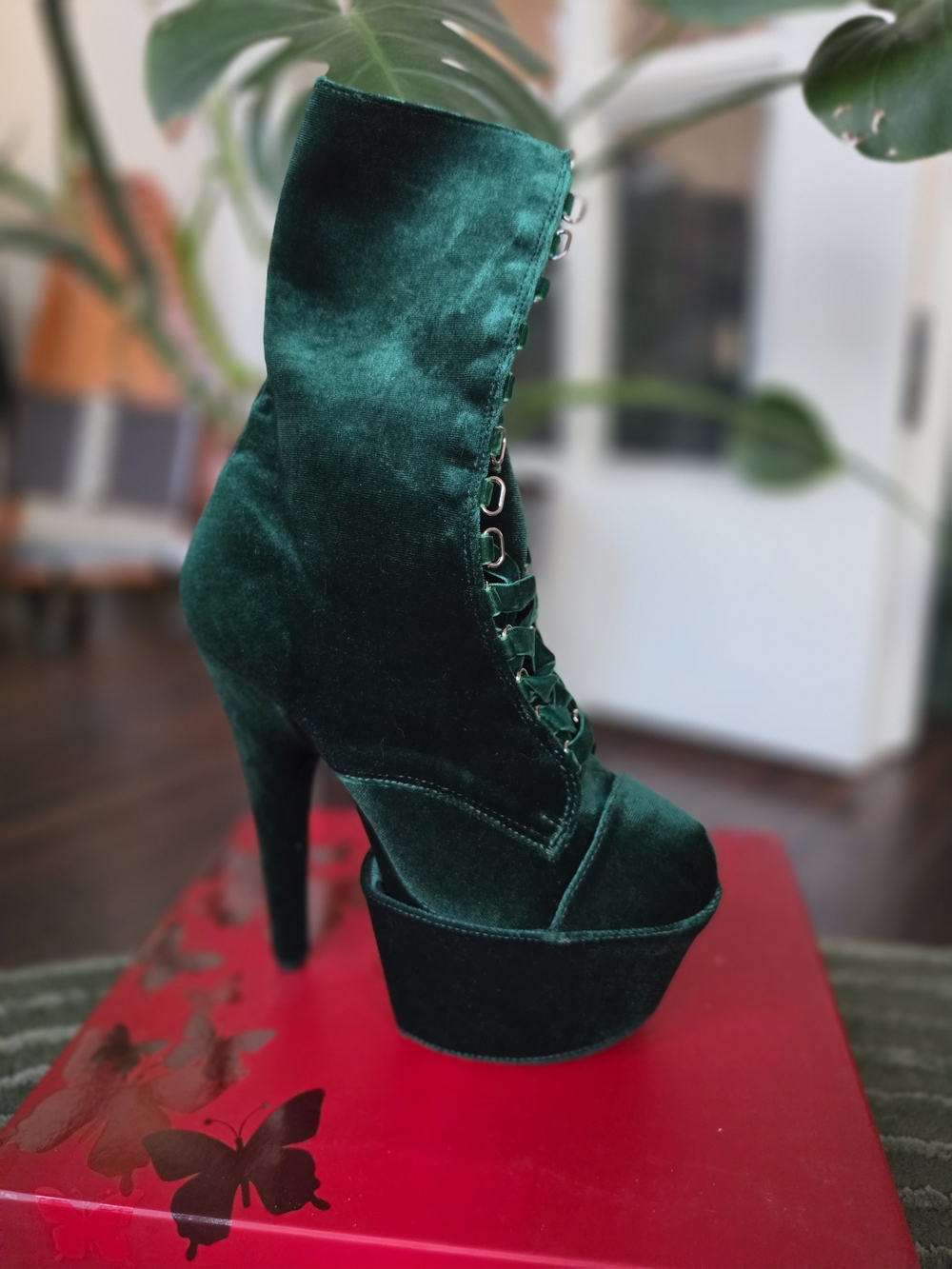 Pleaser Emerald Green Velvet Lace-Up Platform Bootie